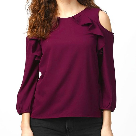 Harpa cold shoulders casual purple top with frill below neck